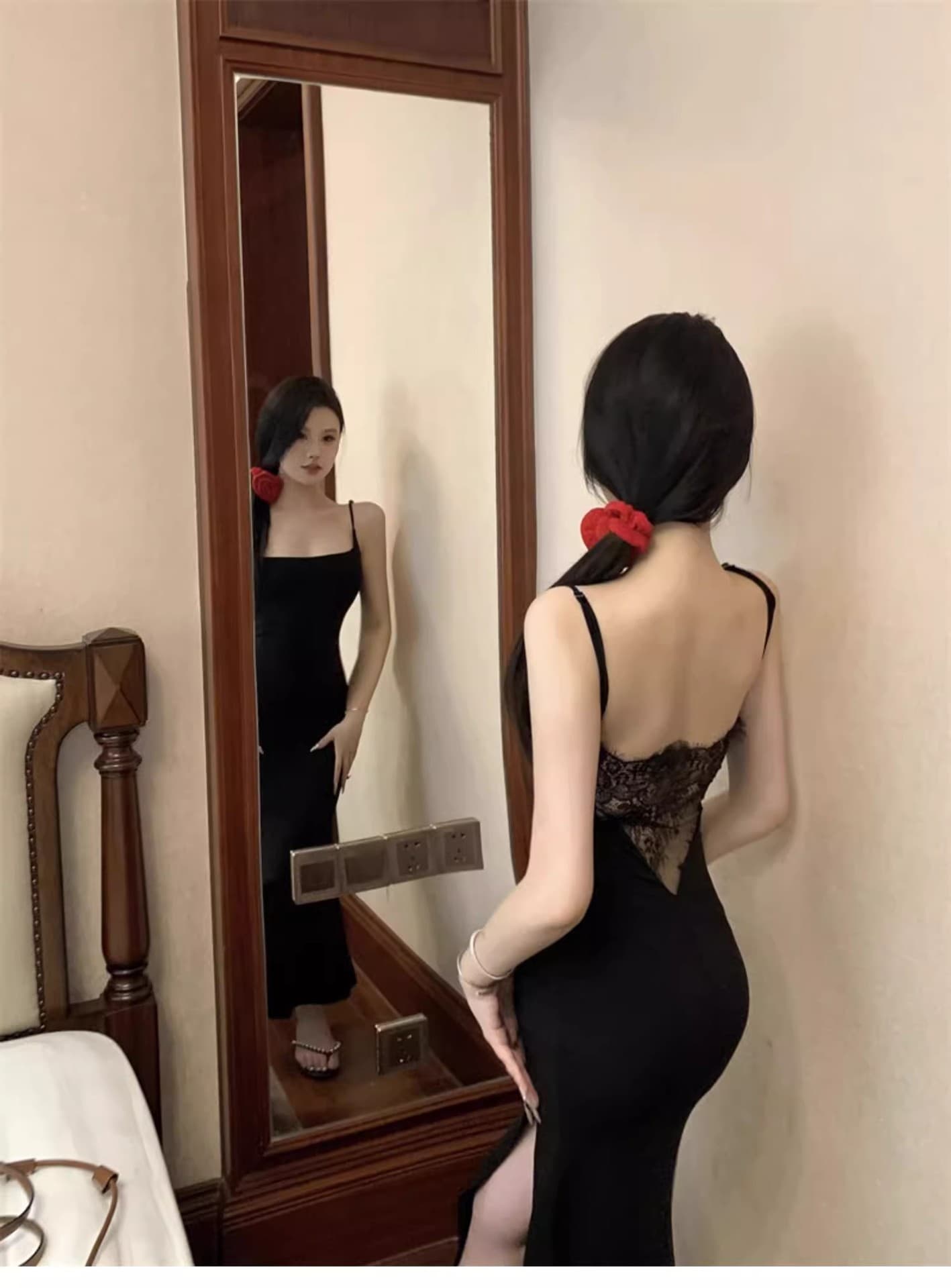 キャミワンピース 胸元レース優美キャミワンピース