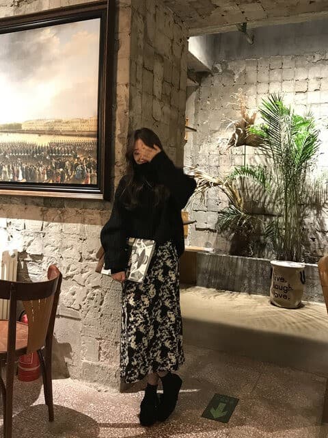リネン　黒ベース花柄キャミワンピースロング丈