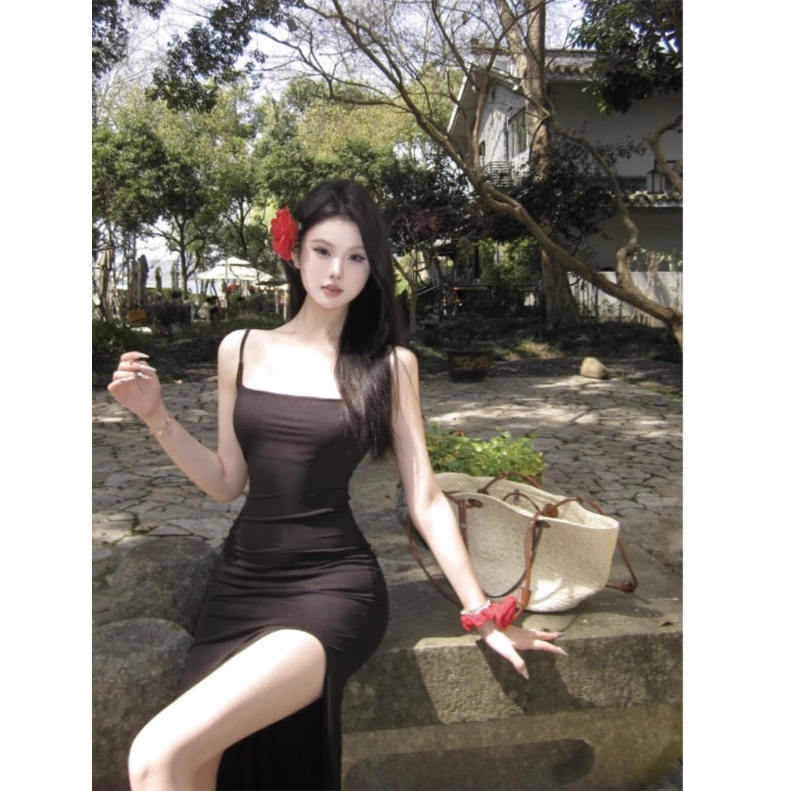キャミワンピース 胸元レース優美キャミワンピース