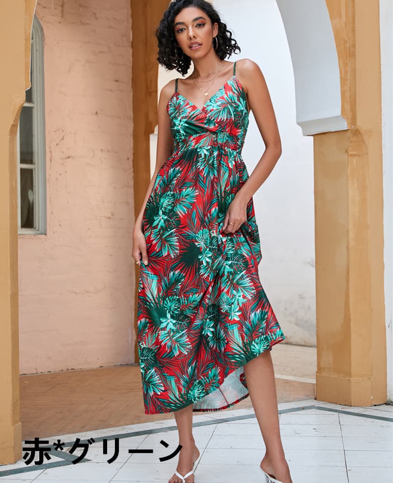 ニット花柄キャミワンピース カシュクール南国柄シャーリング
