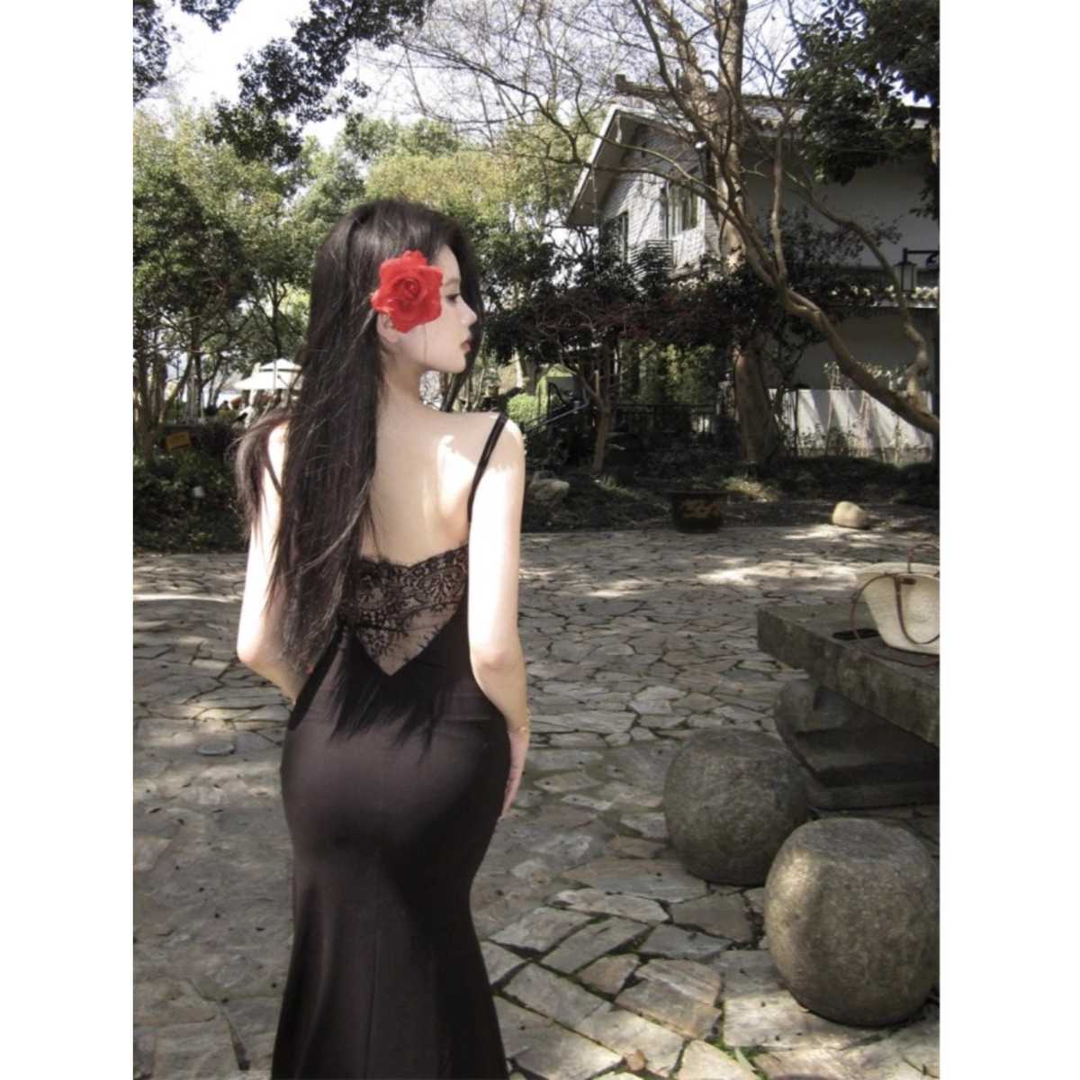 キャミワンピース 胸元レース優美キャミワンピース