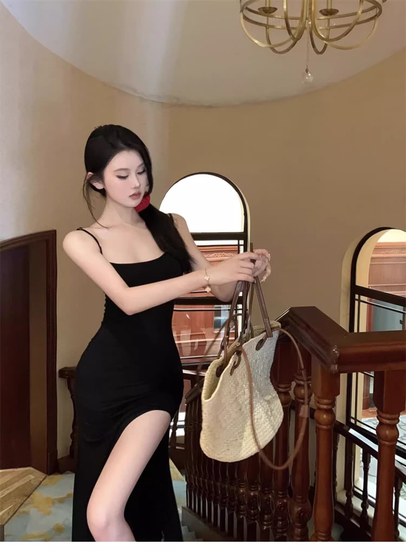 キャミワンピース 胸元レース優美キャミワンピース