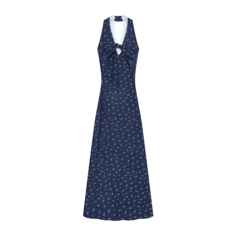 キャミワンピース 胸元リボン小花柄レースキャミワンピース