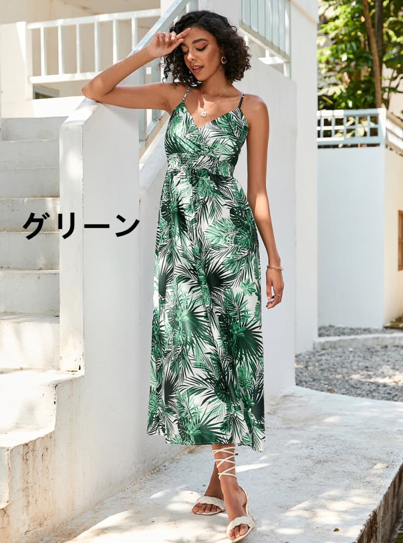 ニット花柄キャミワンピース カシュクール南国柄シャーリング