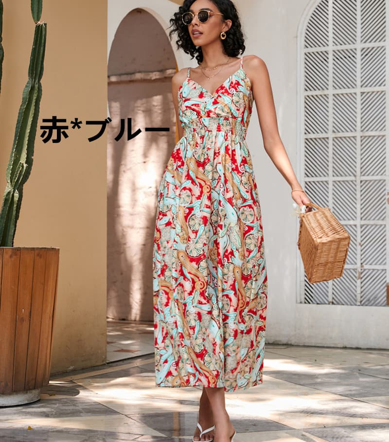 ニット花柄キャミワンピース カシュクール南国柄シャーリング