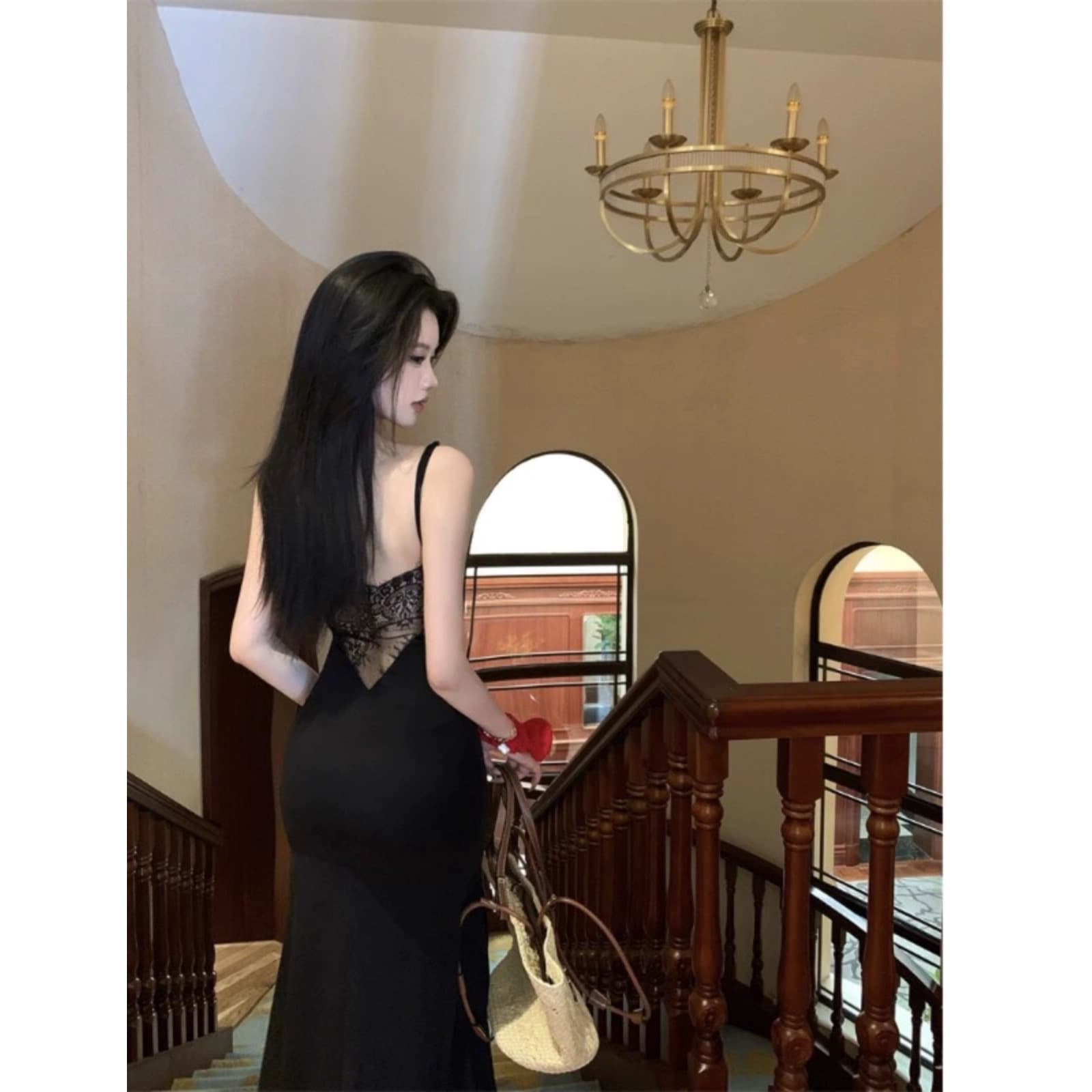 キャミワンピース 胸元レース優美キャミワンピース