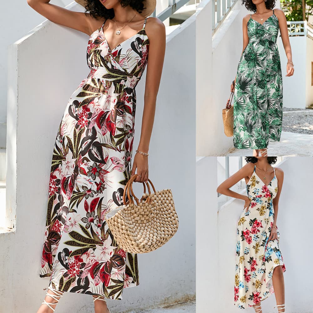 ニット花柄キャミワンピース カシュクール南国柄シャーリング