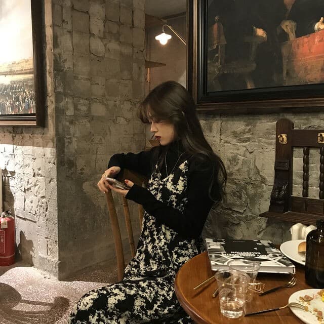 リネン　黒ベース花柄キャミワンピースロング丈