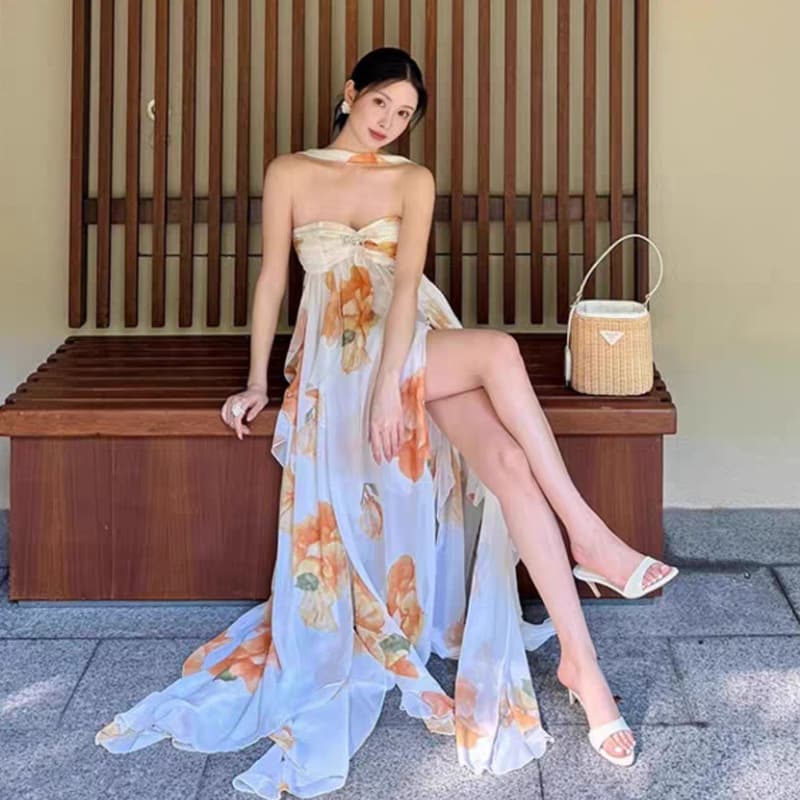  花柄シフォンフリルロング丈キャミワンピース