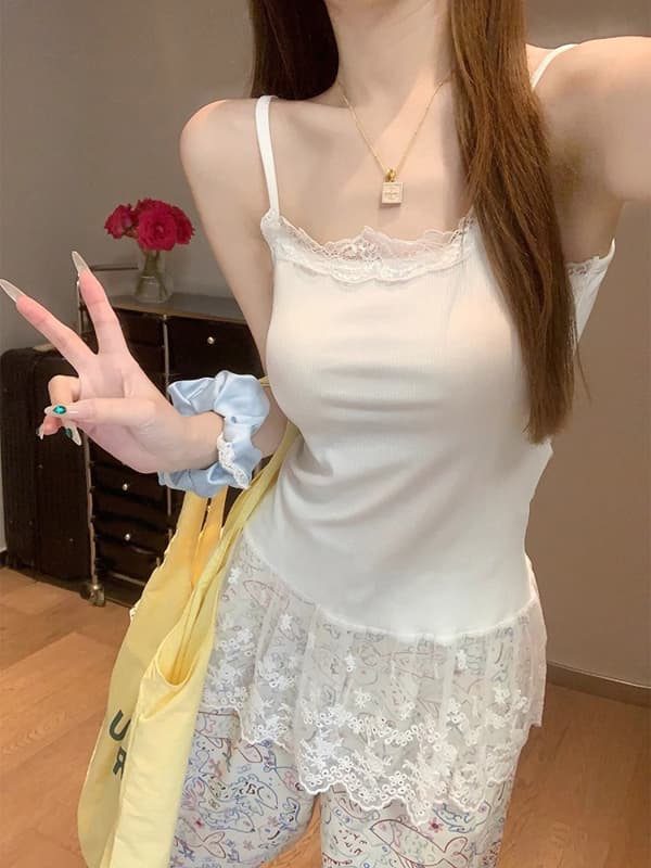 キャミワンピース レースフリルリブキャミワンピース