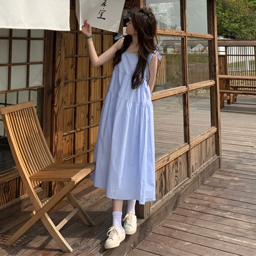 リネン 水色ティアード段々キャミワンピース夏用ロングワンピ
