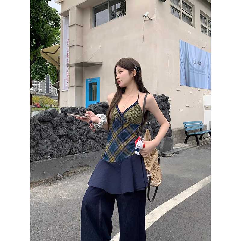 キャミワンピース レースフリル格子柄キャミワンピース