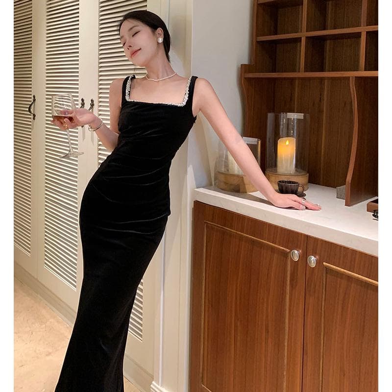 キャミワンピース 優美なレース飾りロングキャミワンピース