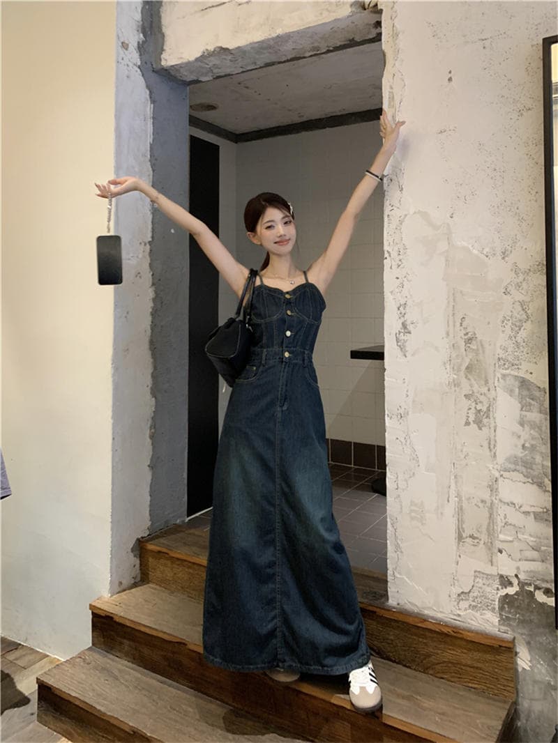 キャミワンピース 夏新作 韓国風 デニム キャミソール ニット ワンピース
