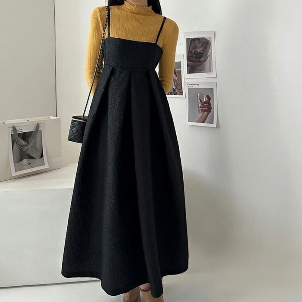 黒ジャガード柄 リネン キャミワンピース体型カバー