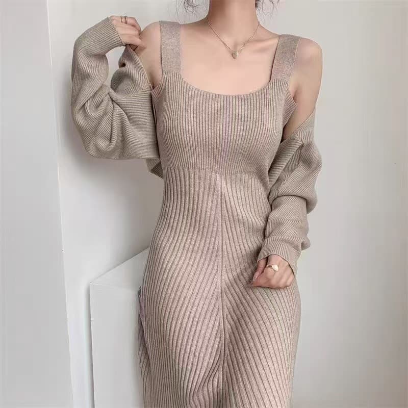 キャミワンピース 上品リブ編み肩紐ワンピース