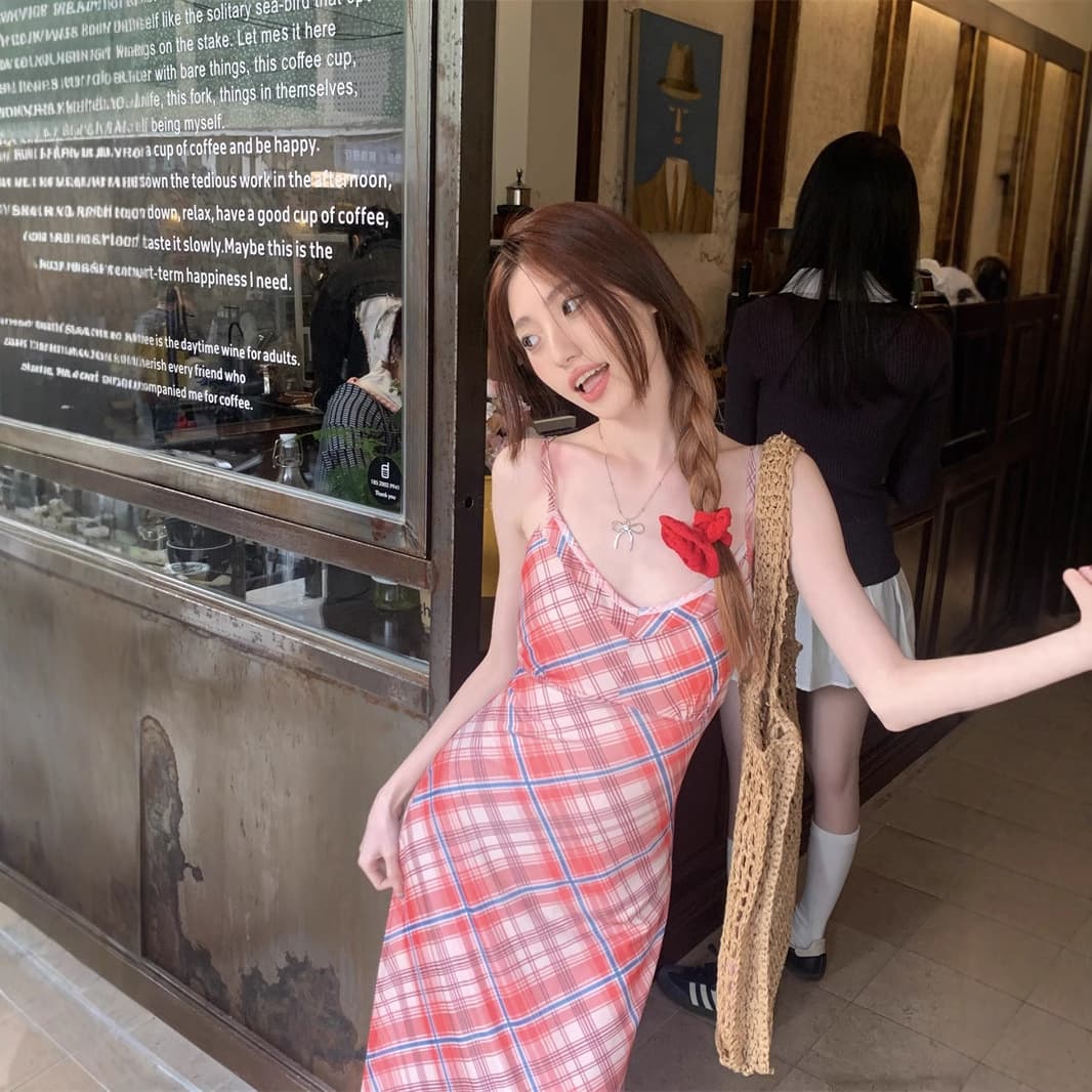 キャミワンピース 優美チェック柄レースキャミワンピース