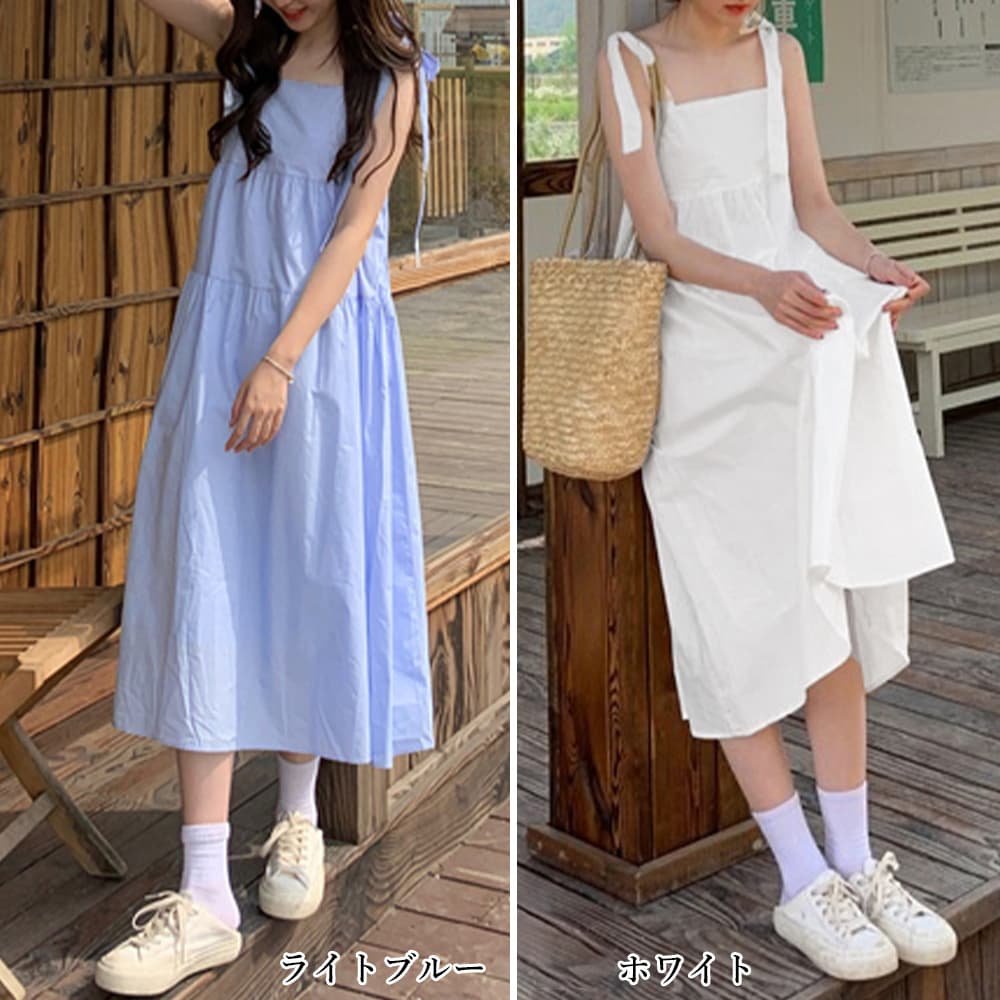 リネン 水色ティアード段々キャミワンピース夏用ロングワンピ