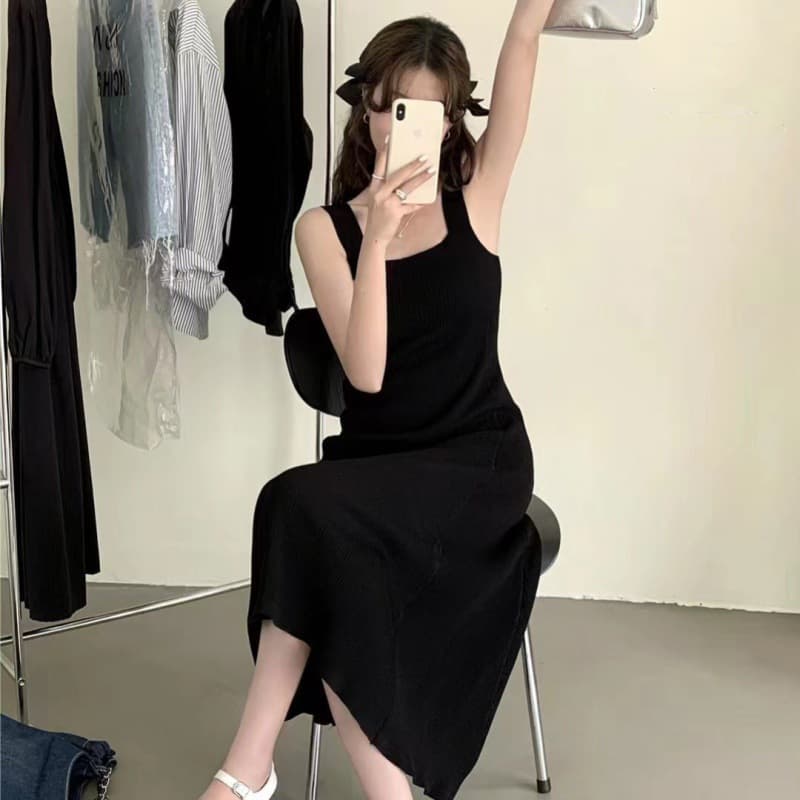 キャミワンピース リブ編み細身シルエットキャミソールワンピース